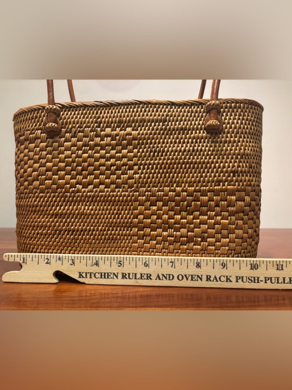 Woven Rattan Tote Bag with Black and Blue Batik Print Drawstring Liner - Picture 8 of 10
